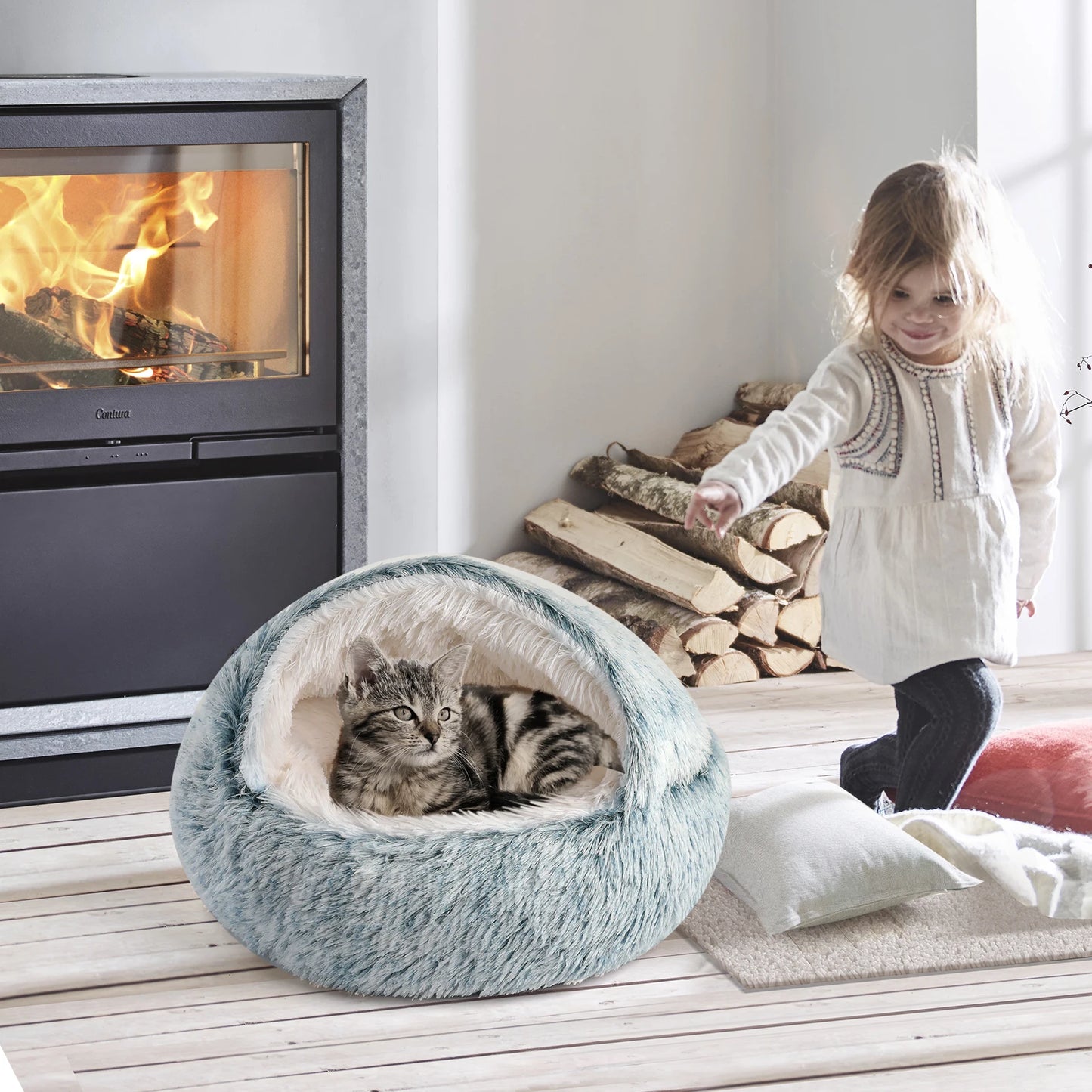 25'' Pet Cat Dog Lovely Cat Beds Nest Soft Comfortable Semi-enclosed Cat Nest Kennel indoor Pet house Supplies for Pet to Rest