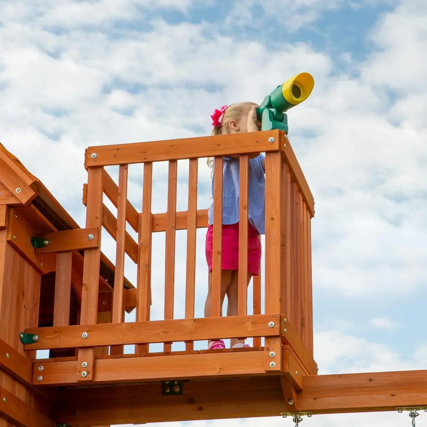 II Cedar Wood Swing Set with Wave Slide, Raised Clubhouse, Crow's Nest, Monkey Bars, Balcony, Belt Swings, Trapeze, Rock