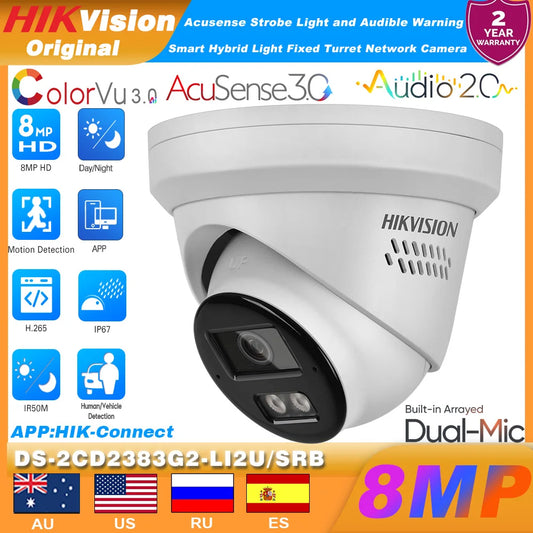 Hikvision 4K 8MP IP Camera DS-2CD2383G2-LI2U/SRB Smart Hybrid Light Arrayed Mic Speaker Turret Acusense Red Blue Light Warning