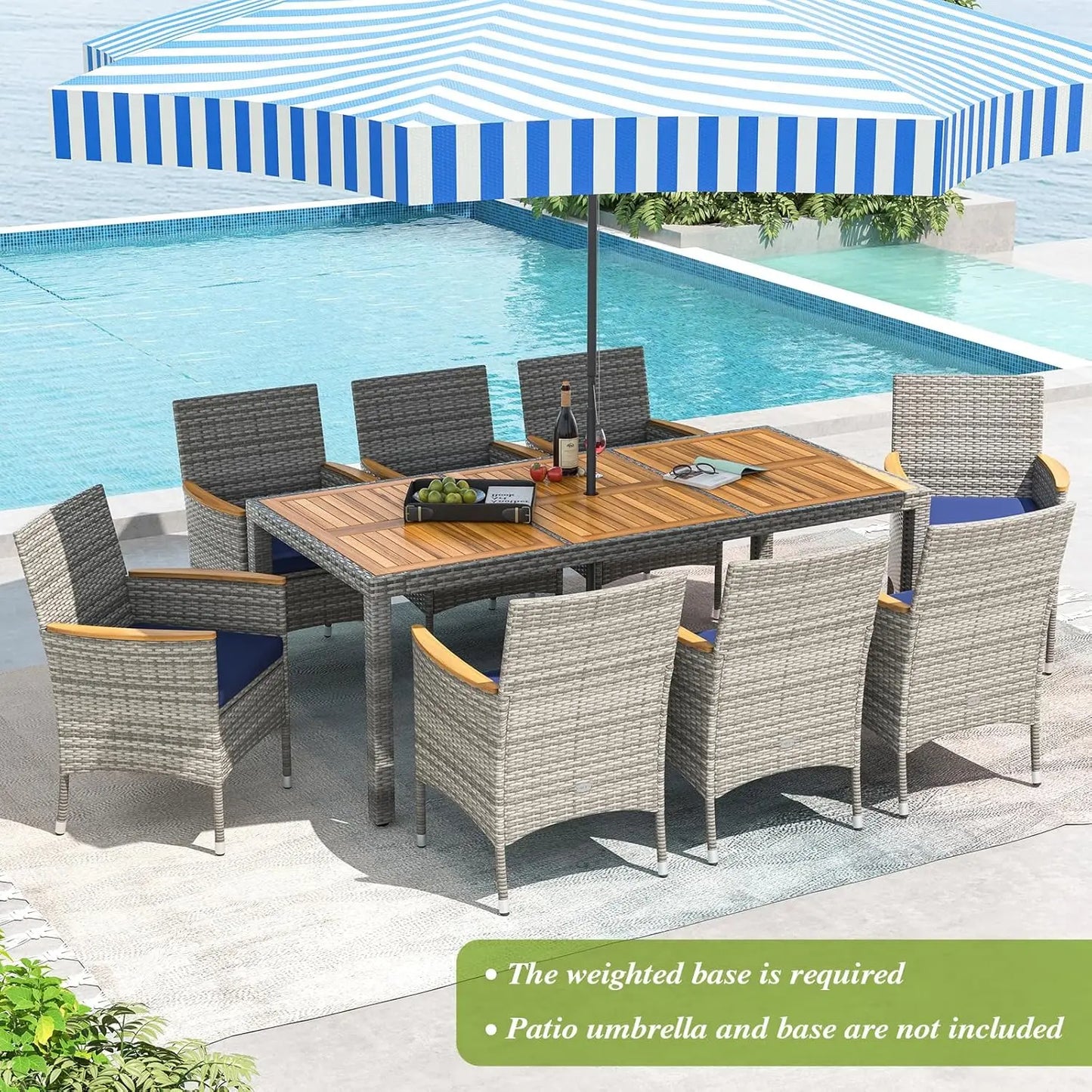 9 Pieces Rattan Outdoor Dining Set for 8,Outdoor Acacia Wood Table Set with 8 Cushioned Wicker Chairs,Patio Dining Furniture Set