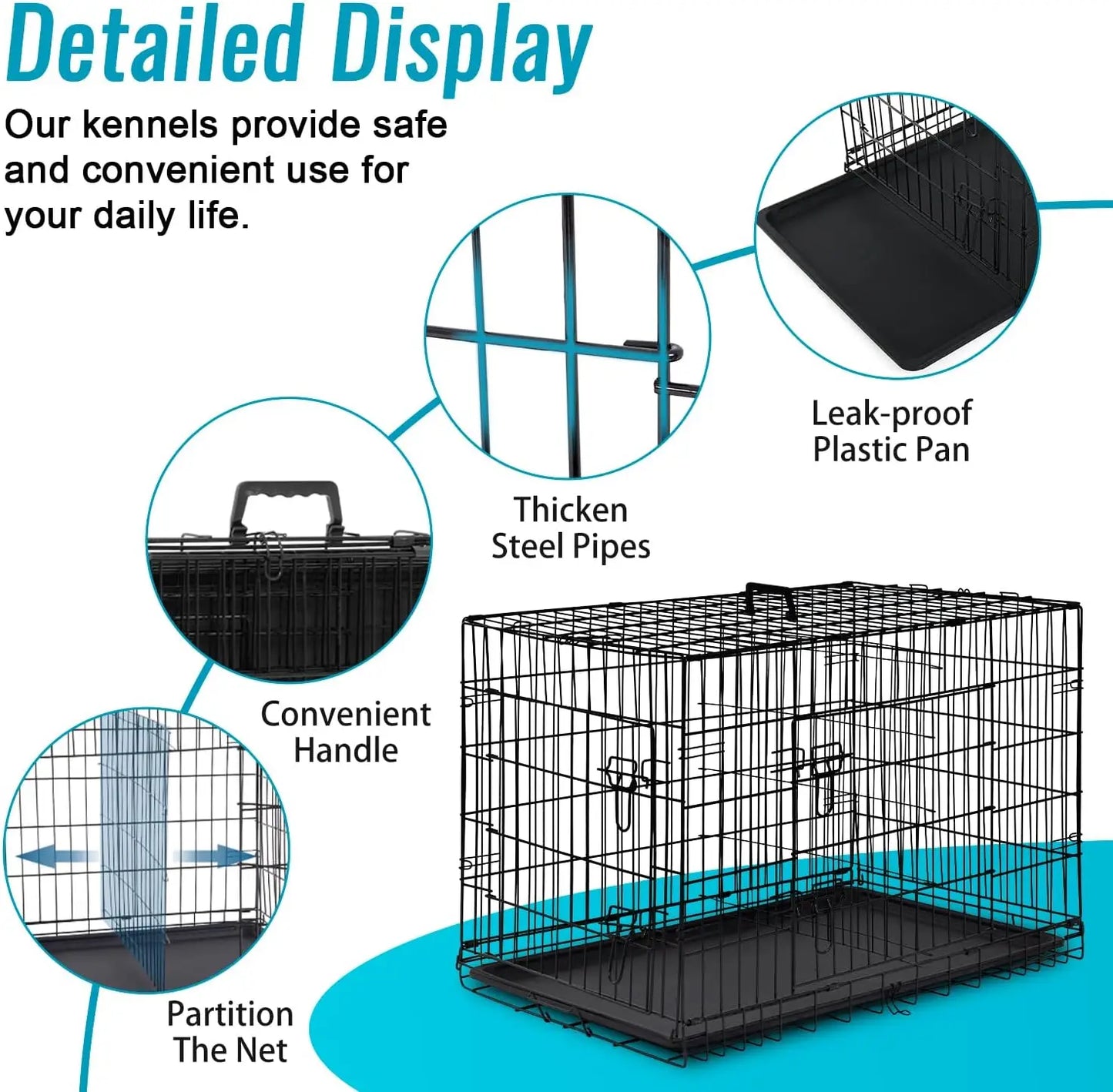 24 Inch Folding Metal Dog Crate for Small Pets, Double Door Indoor Outdoor Kennel with Leak-Proof Tray