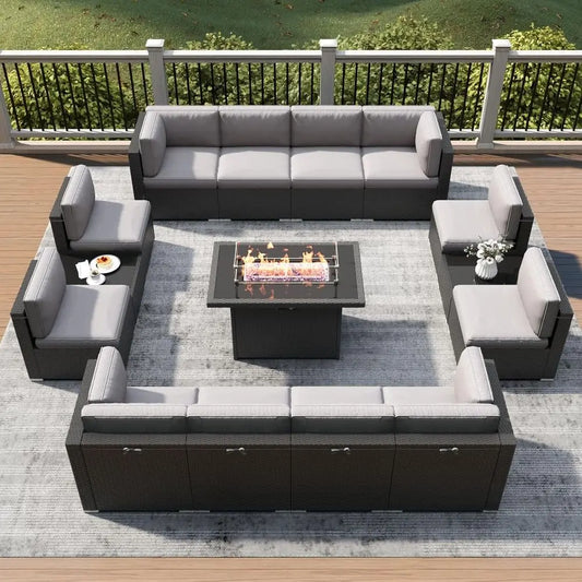 15-Piece Outdoor Patio Furniture Set with Fire Pit Table, Rattan Wicker Sectional Sofa with Coffee Table