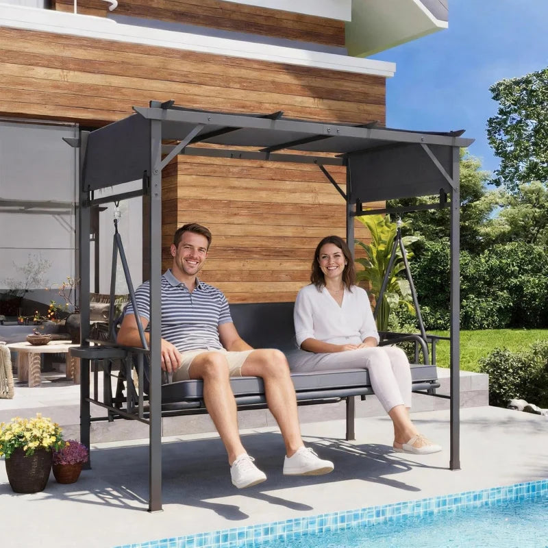 2026 New：2-in-1 Convertible Porch Swing Bed 3, Outdoor Patio Metal Pergola Swing with Hanging Cloud Hammock C