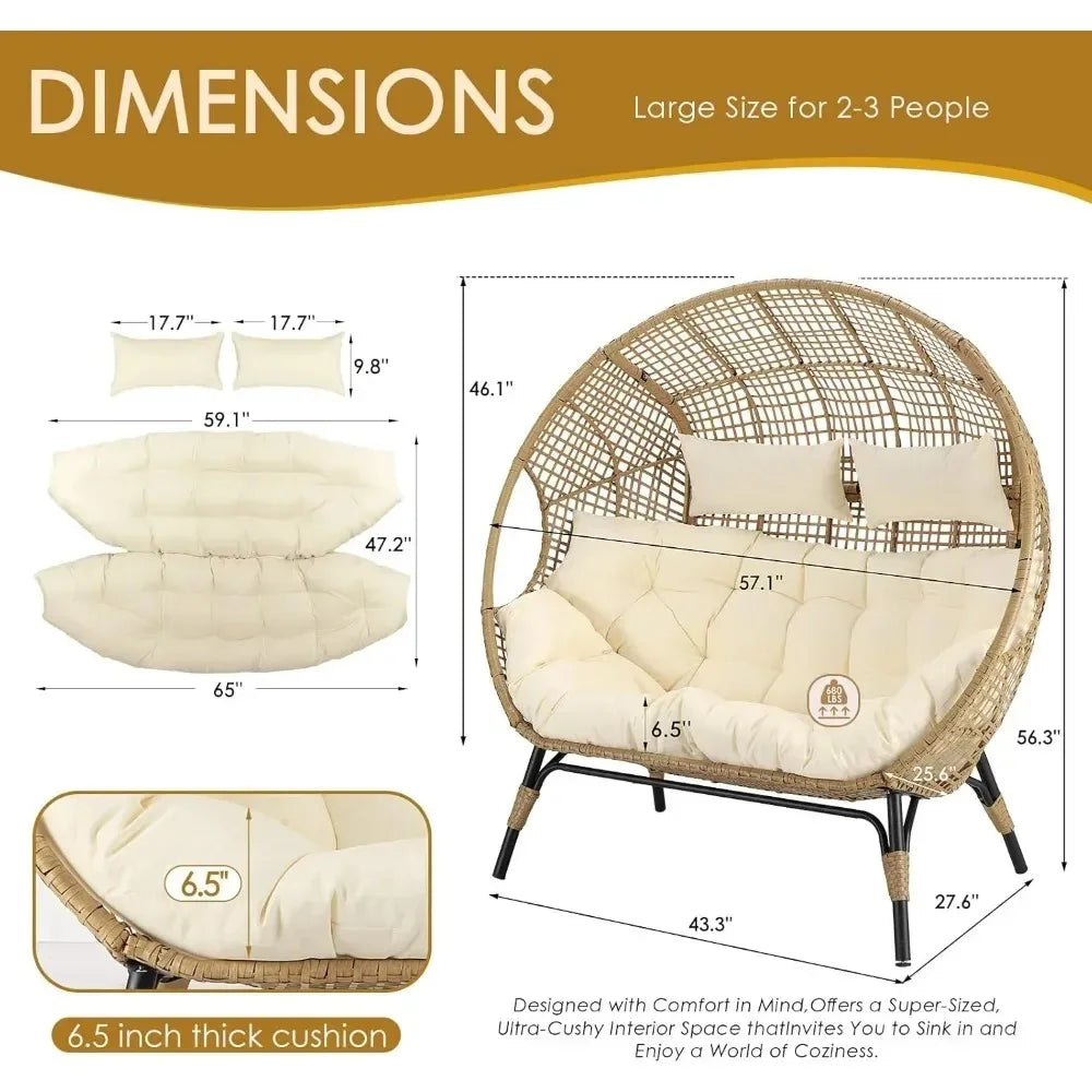 Lounge Chairs-Double Egg Chair Indoor Outdoor Stationary Thicken Padded Cushions,680 lbs，for Patio Balcony Porch Backyard Beige
