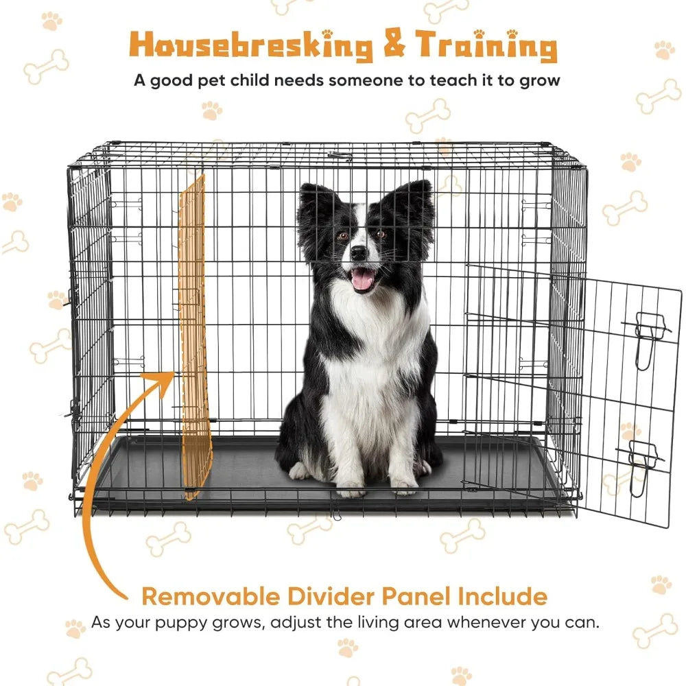 Dog Crate, 48 Inch Extra Large Double Door Dog Cage with Plastic Leak-Proof Pan Tray, Folding Metal Wire Indoor, Outdoor, Travel