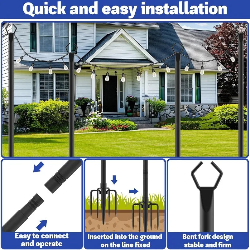 6 Pack 10 ft Heavy Duty Metal String Light Poles Adjustable Outdoor Lighting Stand for Patio,Backyard,Garden,Party & Wedding