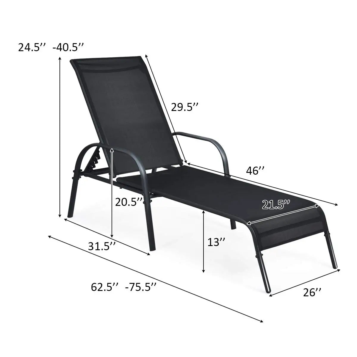 Adjustable Backrest Outdoor Lounge Chairs 2-Pack Reclining Patio Pool Steel Frame Beach Yard Balcony, Custom