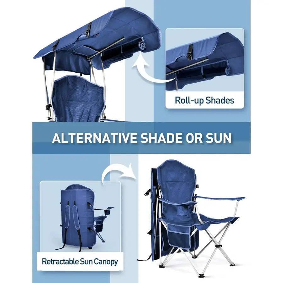 Chair with Canopy Shade, Folding Camping Chair with Canopy with Cup Holder, Side Pocket for Camp, Beach, Tailgates, Fishing Supp