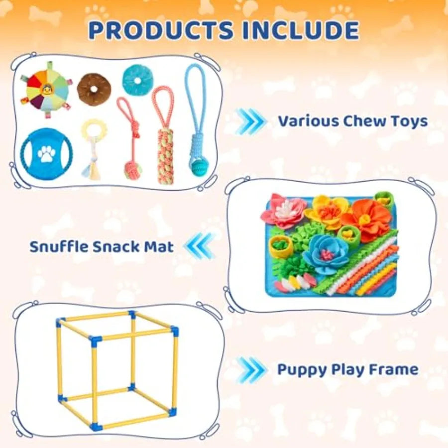 Puppy Play Gym with Snuffle Mat and 8 Hanging Toys Indoor Play Gym Interactive Dog Toys for Boredom Enrichment Activity for Sma