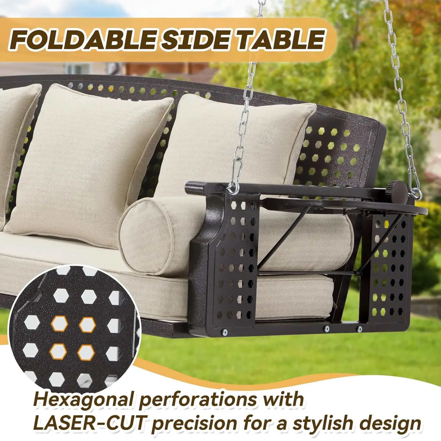 3 Seat Porch Swing, Patio Swing Bench with Cup Holders & 3 Back Cushions, Swing Chair with Chains for Deck Garden, Customized