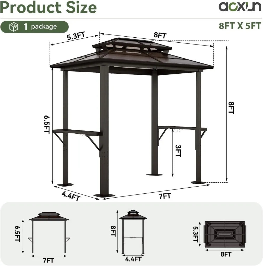 8'x5' Hardtop Grill Gazebo with Double Polycarbonate Roof, Aluminum Frame & Shelves for Outdoor BBQ