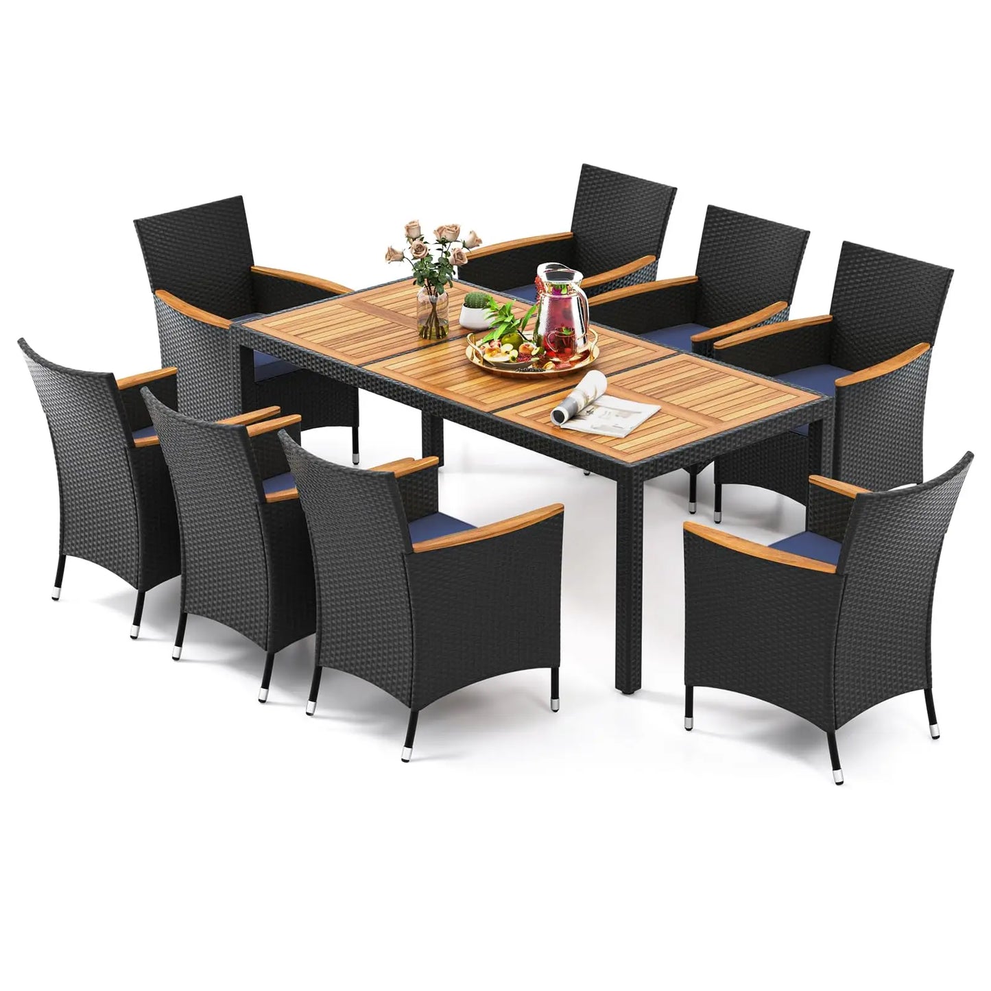 9 Pieces Rattan Outdoor Dining Set for 8,Outdoor Acacia Wood Table Set with 8 Cushioned Wicker Chairs,Patio Dining Furniture Set