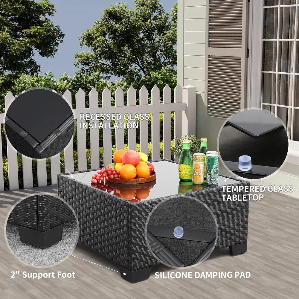 9 Pieces Outdoor Sectional All-Weather Wicker Patio Furniture Set Patio Sectional and Glass Patio Table Non-Slip Cushions