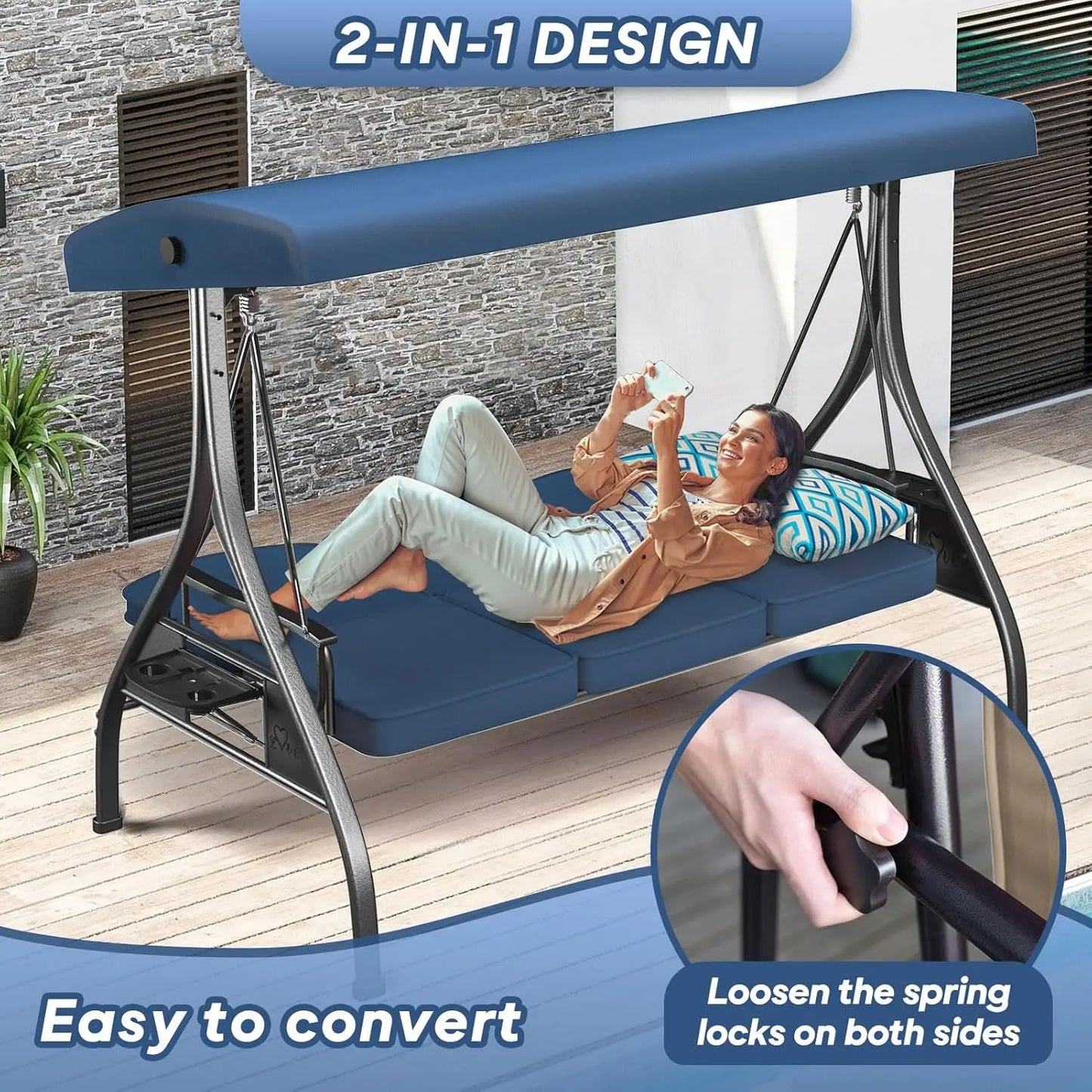 3 Seat Outdoor Patio Swing with Stand 800lbs Capacity 2-in-1 Convertible Swing Bed Adjustable Canopy Removable Customized Porch
