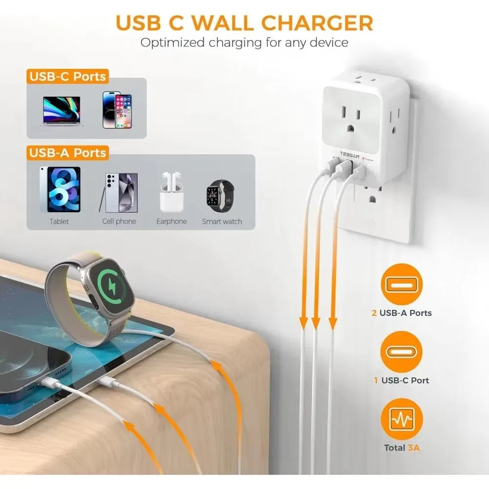 TESSAN US Plug Power Strip with 4AC Outlet and 3USB Charging Port Multi-Contacts Electrical Socket with Surge Protector for Home