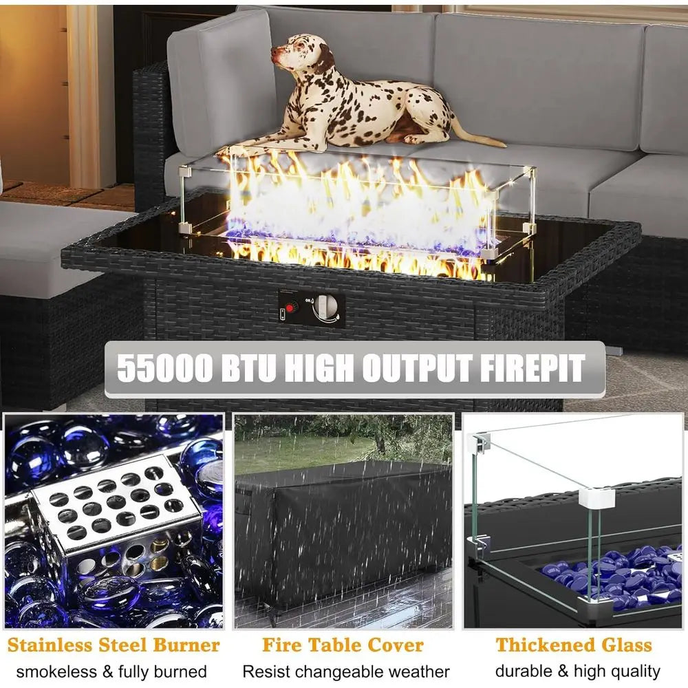 15-Piece Outdoor Patio Furniture Set with Fire Pit Table, Rattan Wicker Sectional Sofa with Coffee Table