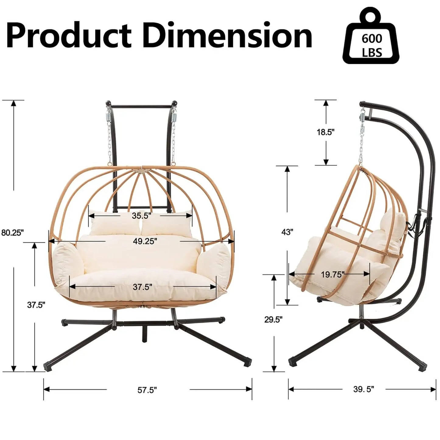 Hanging Chairs with Stand, All Weather Double Egg Chair Outdoor, Metal Hanging Egg Chairs Outdoor, 2 Person, Customized