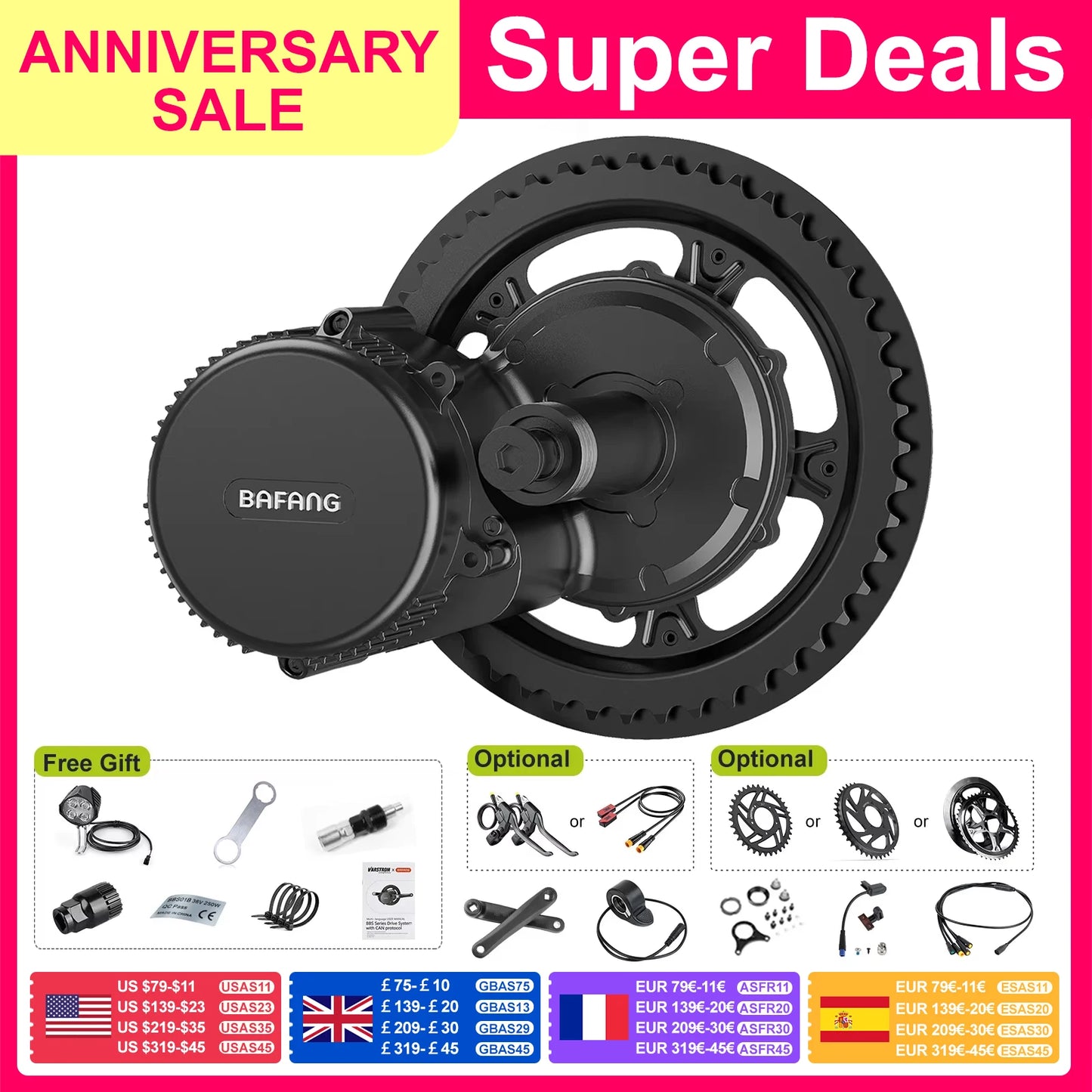 BAFANG Mid Drive Motor 48V 36V 750W 500W 250W 42T 36T 52T 44T Chain Wheel Electric Bicycle Conversion eBike Engine BBS02B BBS01B