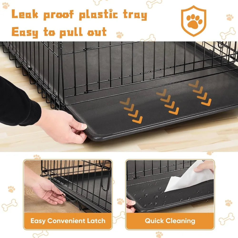 Dog Crate, 48 Inch Extra Large Double Door Dog Cage with Plastic Leak-Proof Pan Tray, Folding Metal Wire Indoor, Outdoor, Travel