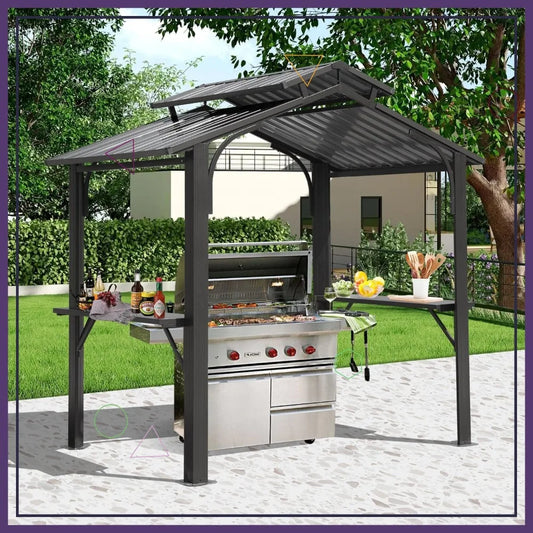 8x5FT Hardtop Grill Gazebo, Outdoor BBQ Shelter with Steel Roof, Side Shelves & Ceiling Hook for Patio Garden