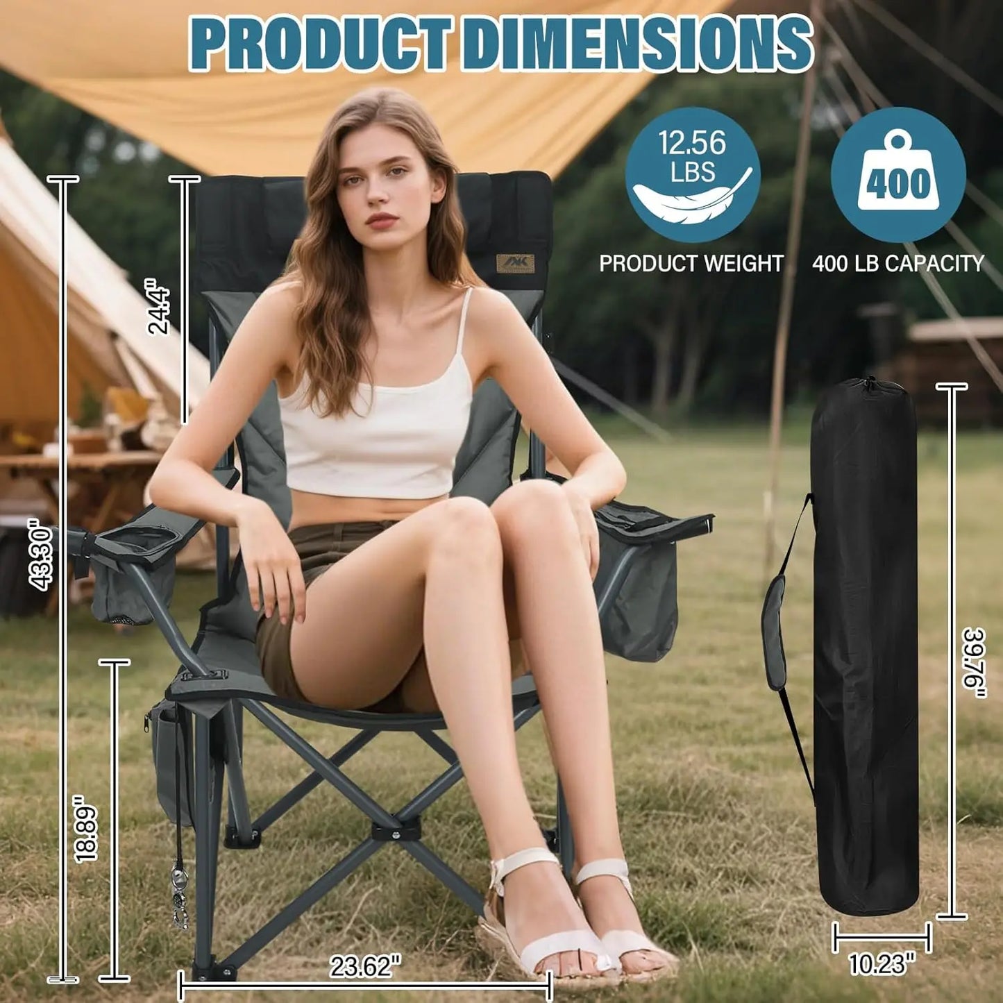 Oversized High-Back Camping Chair with Pillow, Cup Holders & Cooler Bag - Foldable Outdoor Chair for Adults, Picnic, Fishing