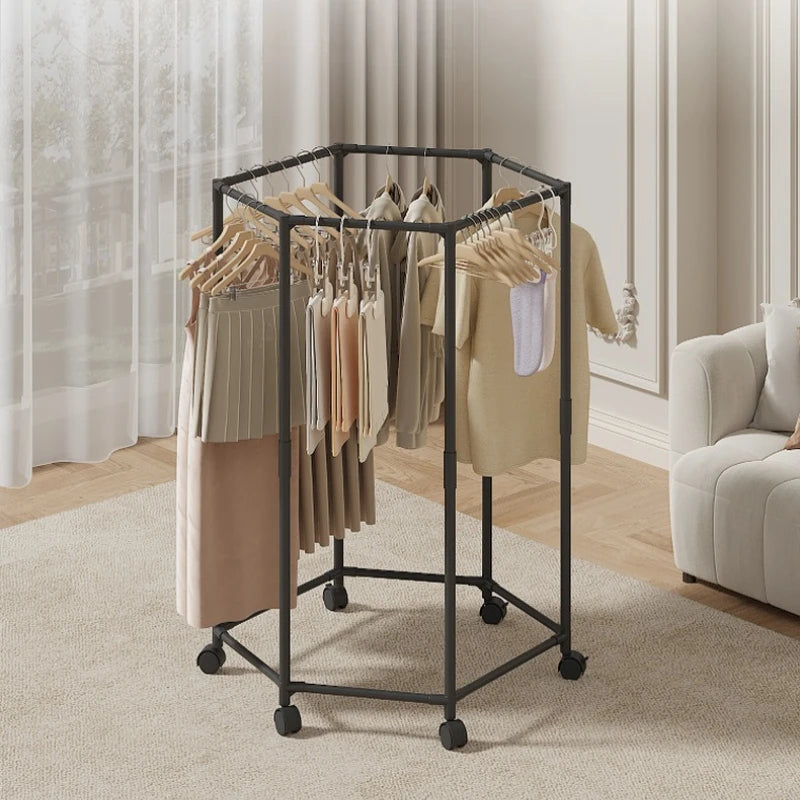 Hexagon Rotating Floor Clothes Rack Dormitory Coat Hanger Stand Indoor Drying Rack Movable Garment Organizer Hat Stand