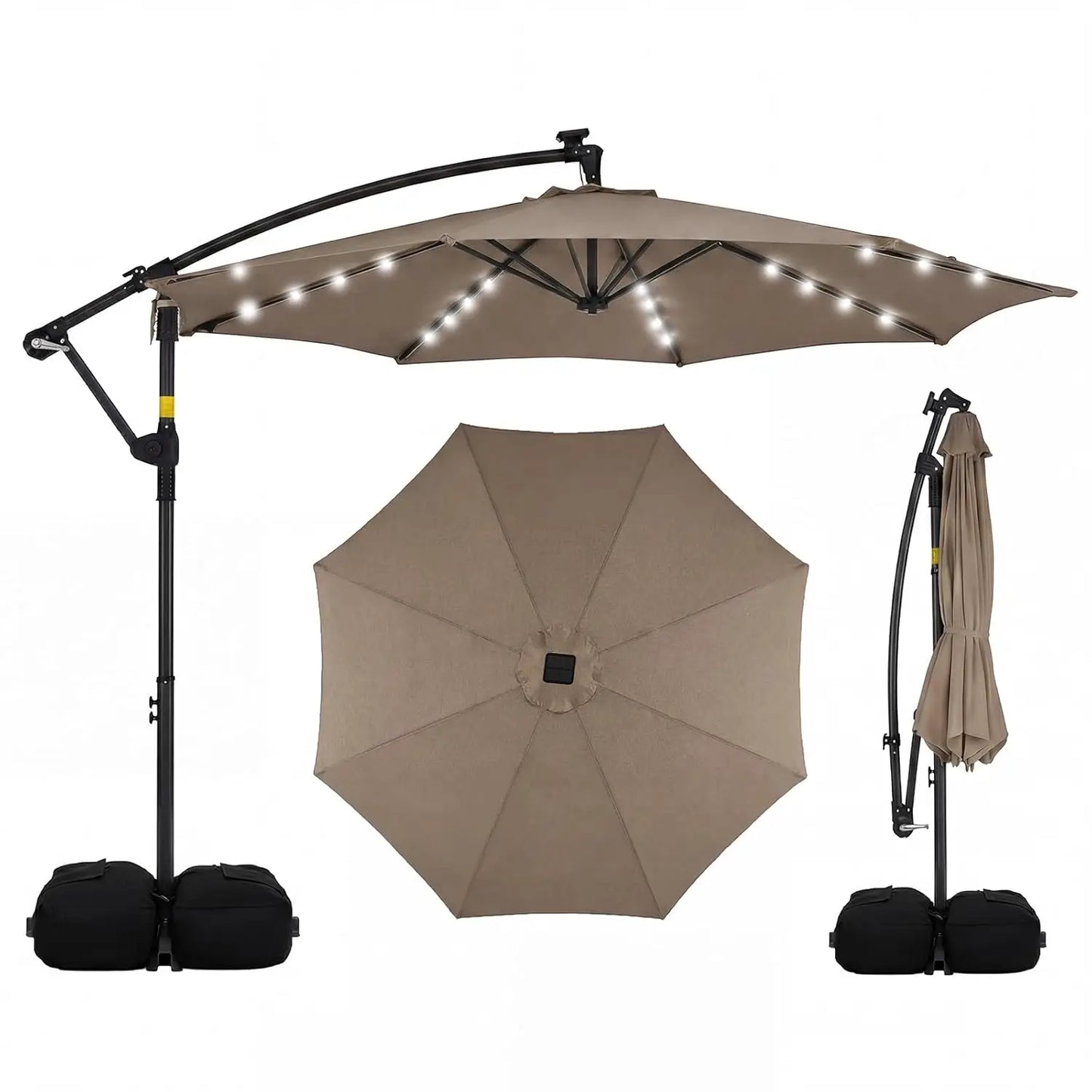 10ft Solar Patio Umbrella with Base Included, Offset Cantilever Outdoor Umbrella with 32 LED Lights, Infinite Tilt,, Customized