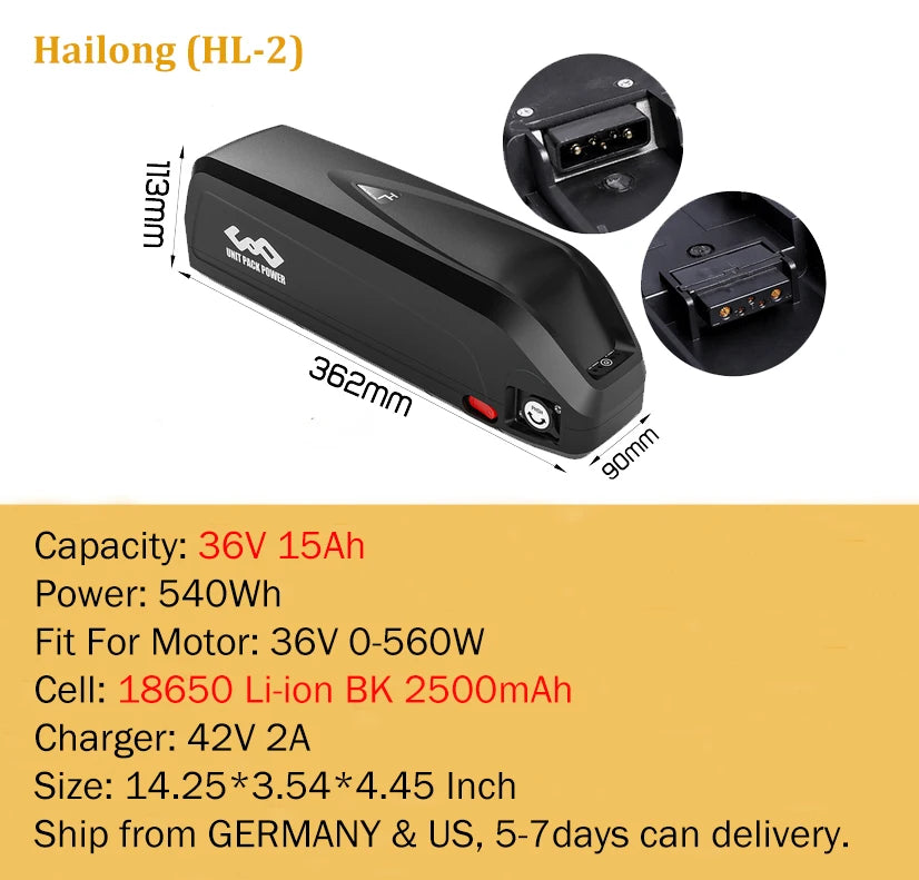 21700 Ebike Battery Hailong Polly 36V 48V 20Ah 30Ah 25Ah 18650 Cell Electric Bike Batteria 14.4ah for500W 750W 1000W 1500W Motor