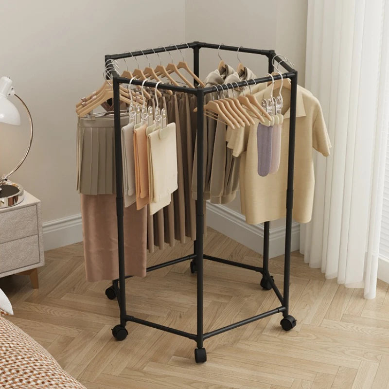 Hexagon Rotating Floor Clothes Rack Dormitory Coat Hanger Stand Indoor Drying Rack Movable Garment Organizer Hat Stand
