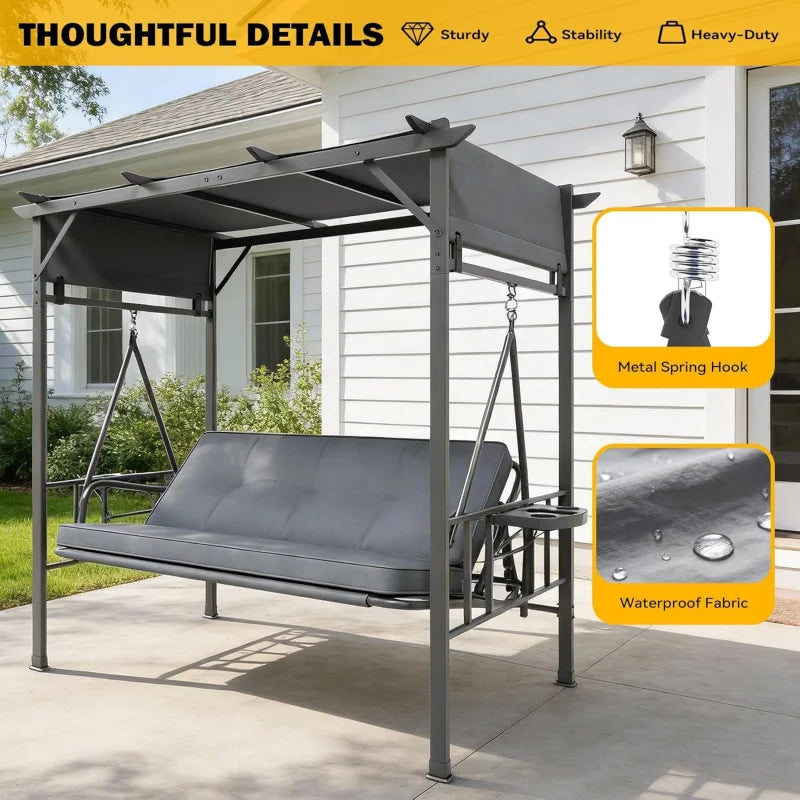 2026 New：2-in-1 Convertible Porch Swing Bed 3, Outdoor Patio Metal Pergola Swing with Hanging Cloud Hammock C