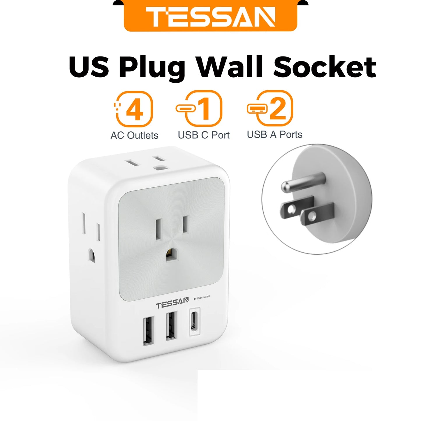 TESSAN US Plug Power Strip with 4AC Outlet and 3USB Charging Port Multi-Contacts Electrical Socket with Surge Protector for Home