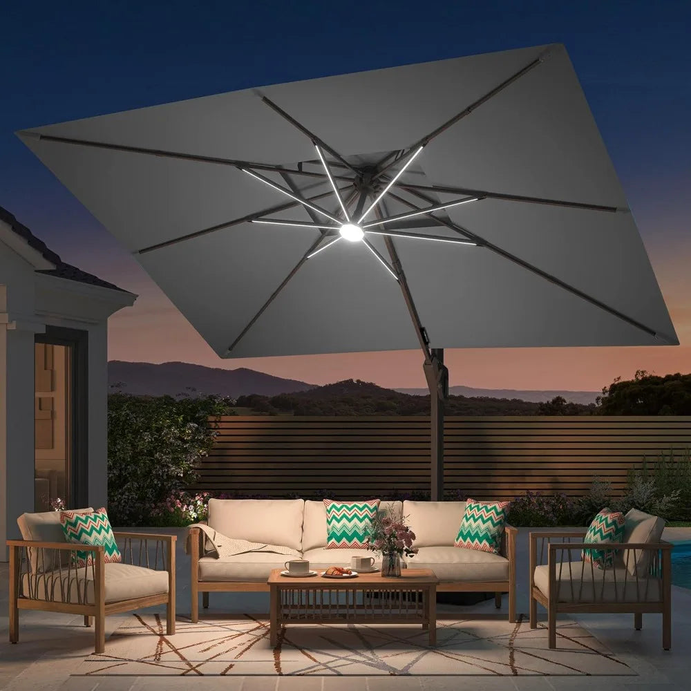 9' X 12' Patio Umbrella with LED Lights Outdoor Cantilever Large Rectangle Offset Umbrellas Heavy Duty Aluminum Double Top with