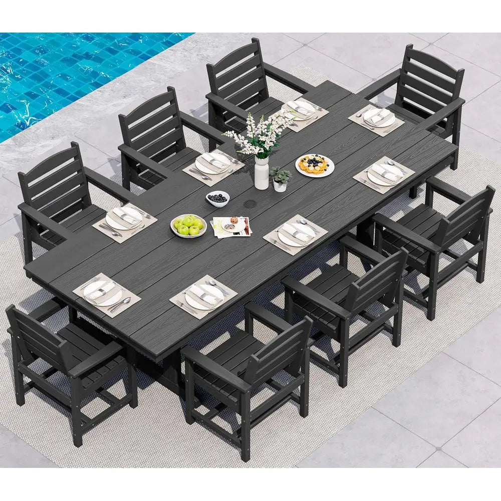 9 Piece Outdoor Dining Set, 84" HDPE Outdoor Table and Chairs or 8，All Weather Patio urniture Set with Umbrella Hole or Backyard