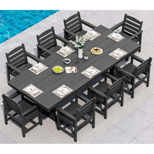 9 Piece Outdoor Dining Set, 84" HDPE Outdoor Table and Chairs or 8，All Weather Patio urniture Set with Umbrella Hole or Backyard
