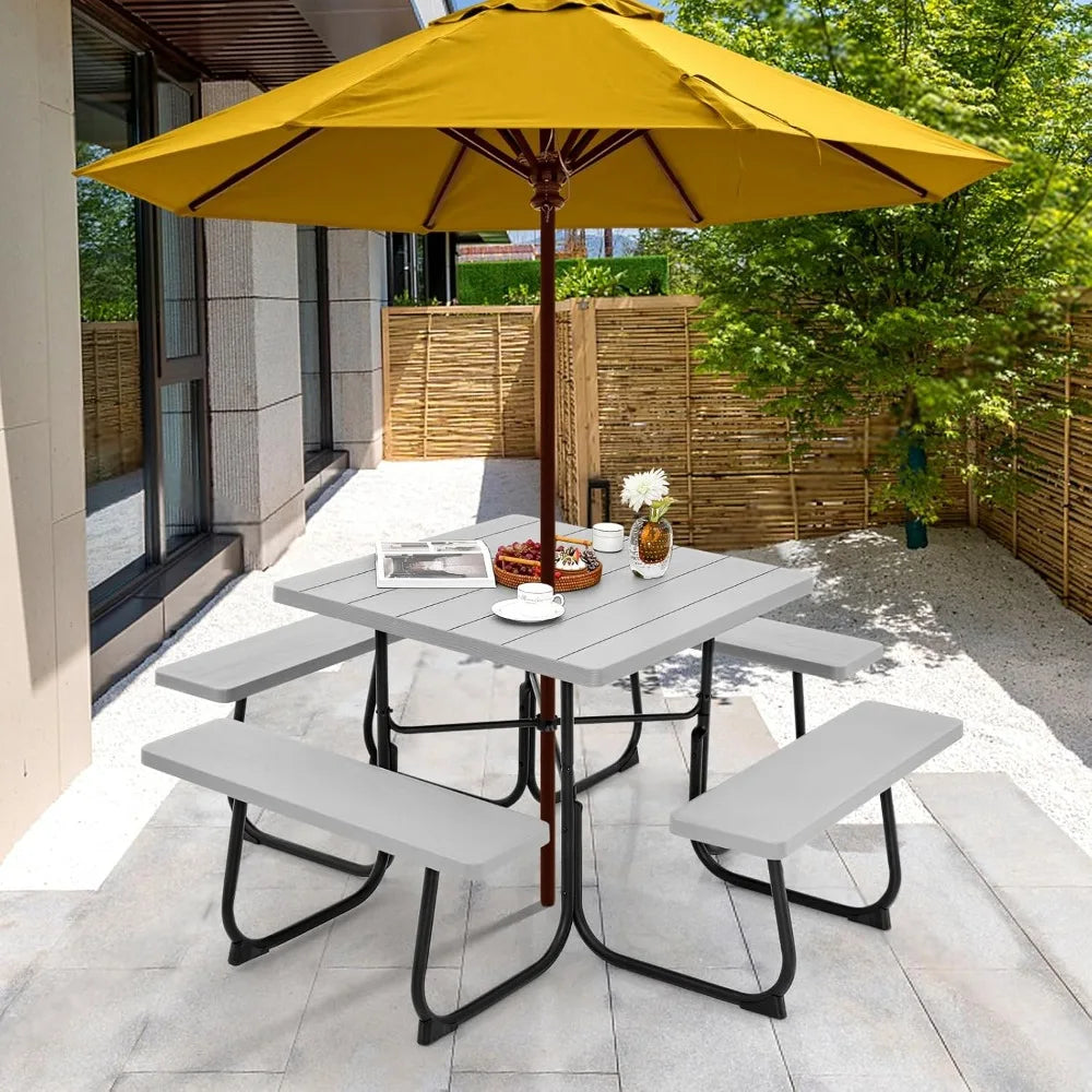 Tangkula 8 Person Picnic Table, Outdoor Square Picnic Table with 4 Built-in Benches, Umbrella Hole, Metal Frame & HDPE Tabletop,