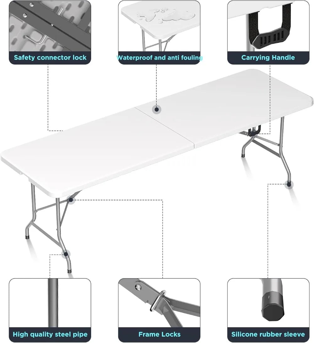 8ft Folding Picnic Table with Safety Locks, Portable Camping Table for Outdoor Party and Indoor Dining
