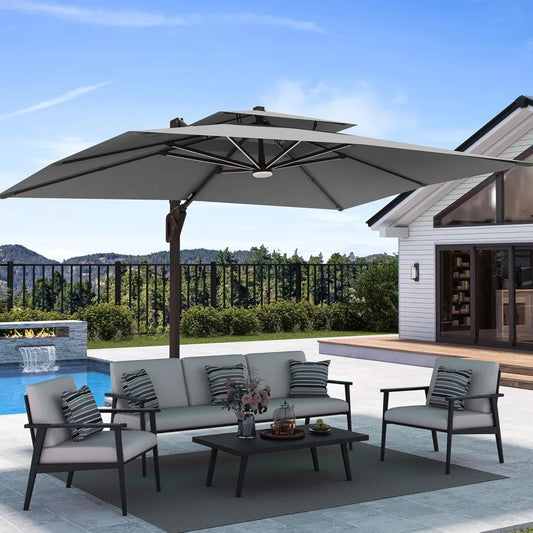 9' X 12' Patio Umbrella with LED Lights Outdoor Cantilever Large Rectangle Offset Umbrellas Heavy Duty Aluminum Double Top with