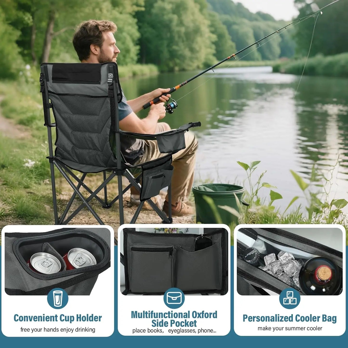 Oversized High-Back Camping Chair with Pillow, Cup Holders & Cooler Bag - Foldable Outdoor Chair for Adults, Picnic, Fishing