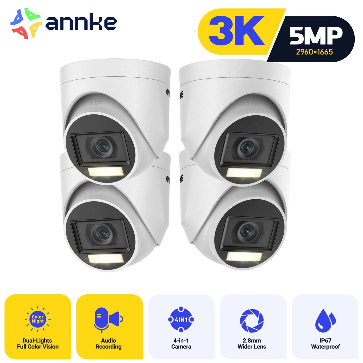 ANNKE 4Pcs 5MP CCTV Cameras IP67 Waterproof Video Surveillance Outdoor Dome Camera IR Cut Filter Camera Kit
