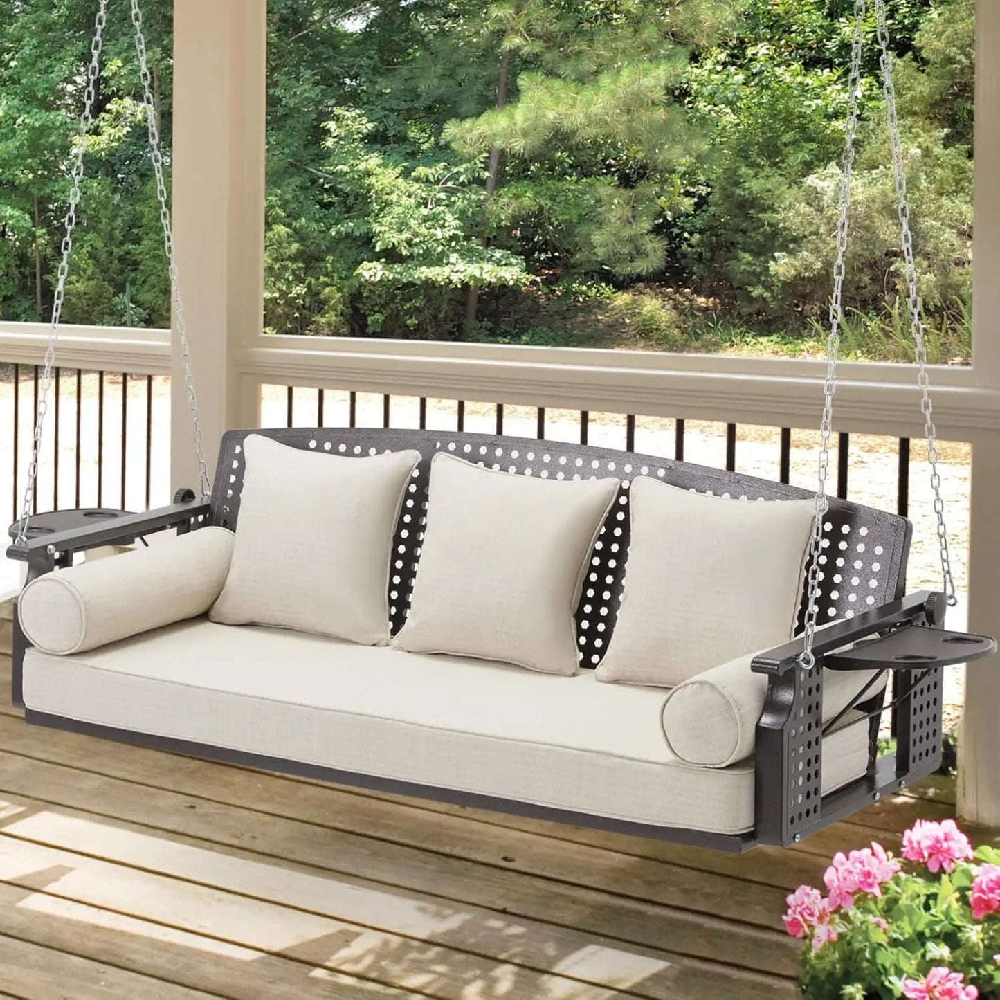 3 Seat Porch Swing, Patio Swing Bench with Cup Holders & 3 Back Cushions, Swing Chair with Chains for Deck Garden, Customized