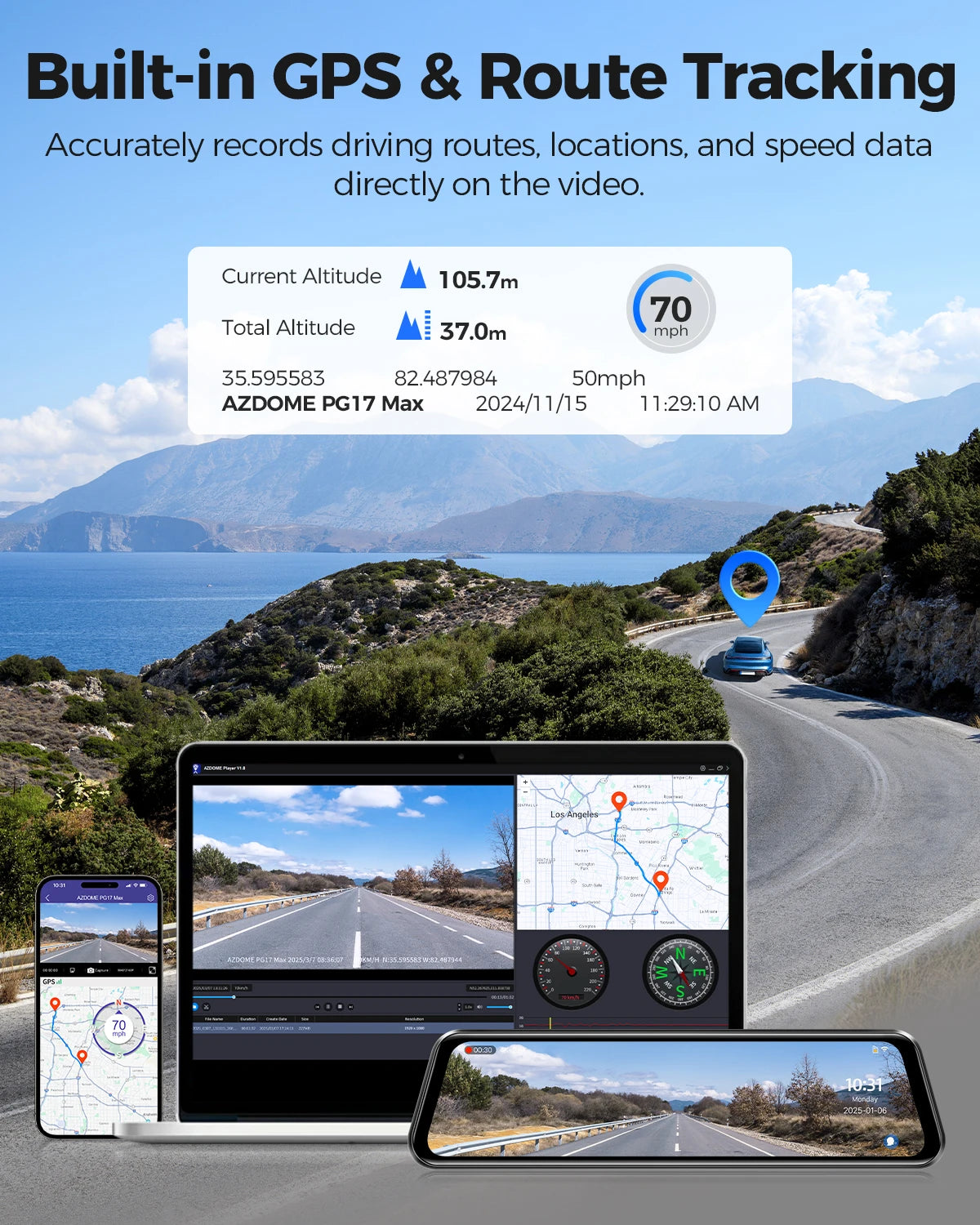 AZDOME PG17 Max 4K+2.5K Rearview Dash Cam 12'' Touch Screen Mirror Dash Cam with ADAS BSD LCA Car DVR Loop Recording 24H Parking