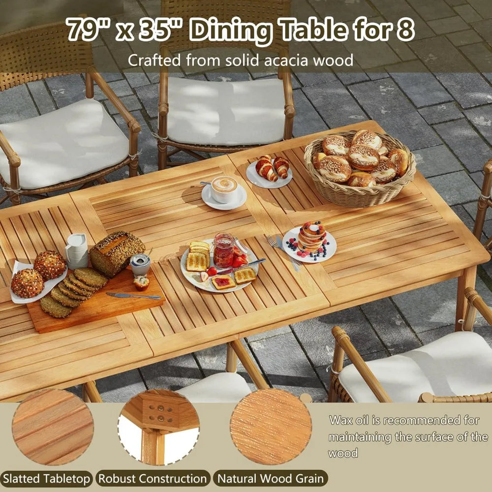 Wooden Outdoor Dining Table for 8, 79 x 35 Rectangular Acacia Wood Slatted Patio Table w/Umbrella Hole, Outdoor Bistro Table