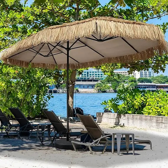 13ft Tiki Patio Umbrella Outdoor Table Umbrella, Market Umbrella with 12 Sturdy Ribs, with Crank for Garden, Lawn, Deck, Back