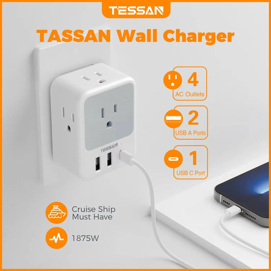 TESSAN US Plug Power Strip with 4AC Outlet and 3USB Charging Port Multi-Contacts Electrical Socket with Surge Protector for Home
