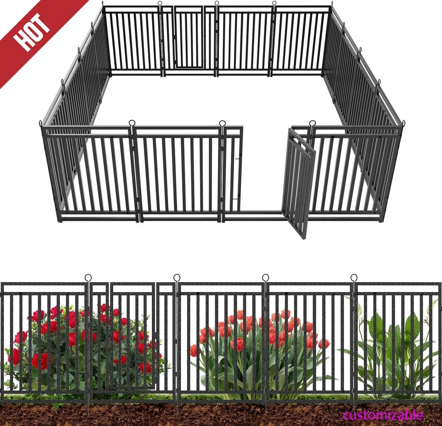 Decorative Garden Fence Metal Dog Fence Outdoor for Yard, 36ft (L) × 40in (H), 14 Panels + 2 Gates,Black-Silver