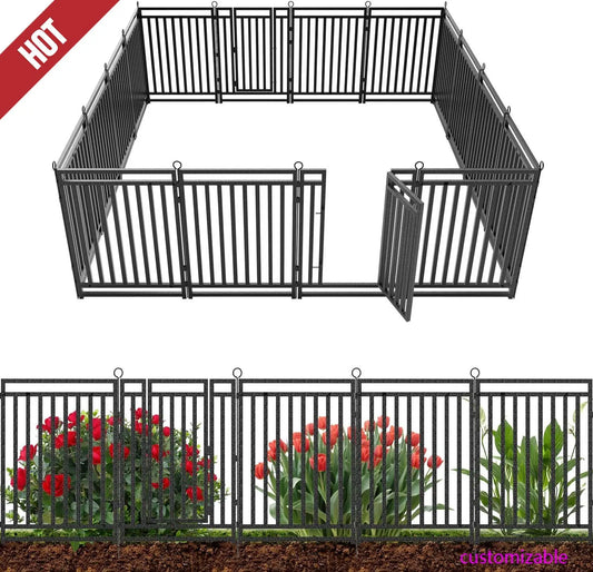 Decorative Garden Fence Metal Dog Fence Outdoor for Yard, 36ft (L) × 40in (H), 14 Panels + 2 Gates,Black-Silver