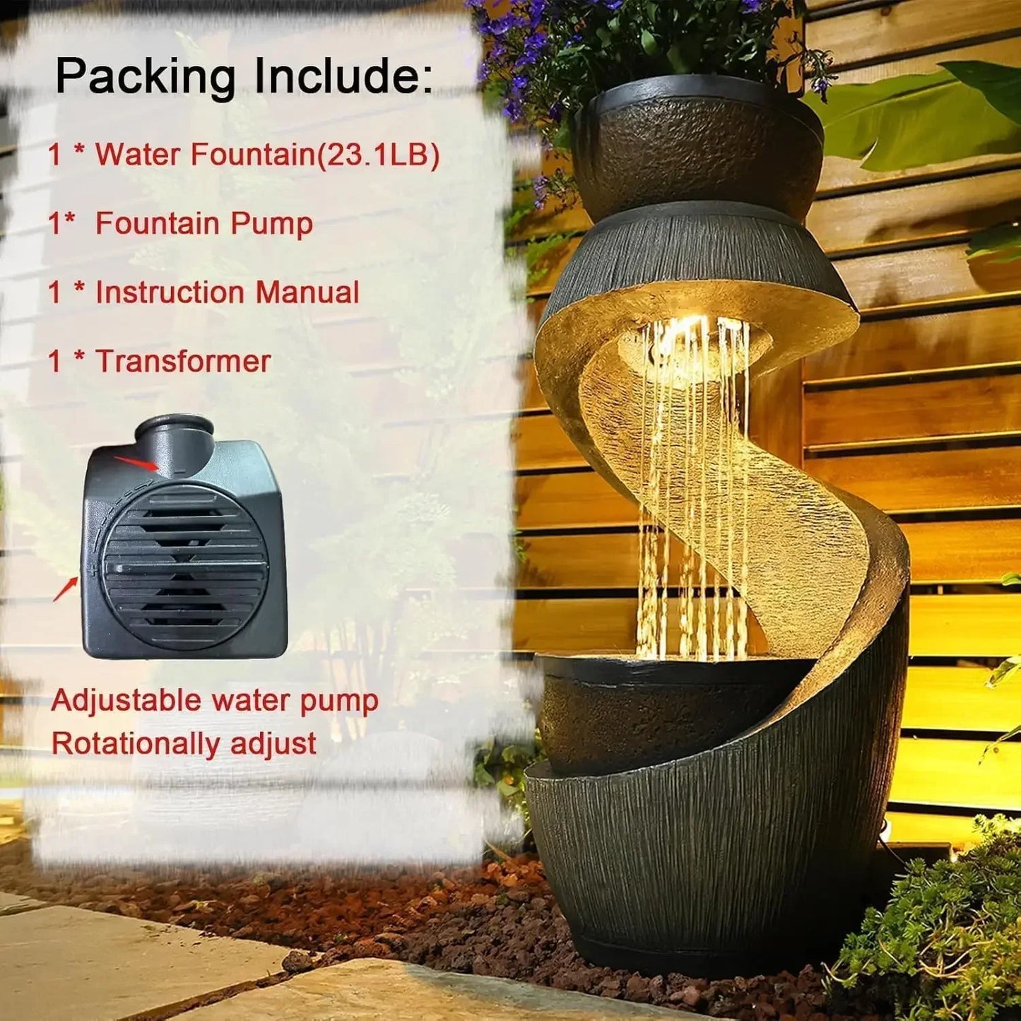 31.9" S-Shaped Water Outdoor Fountain–Modern Cascading Waterfall Feature with LED Lights & Planter Bowl