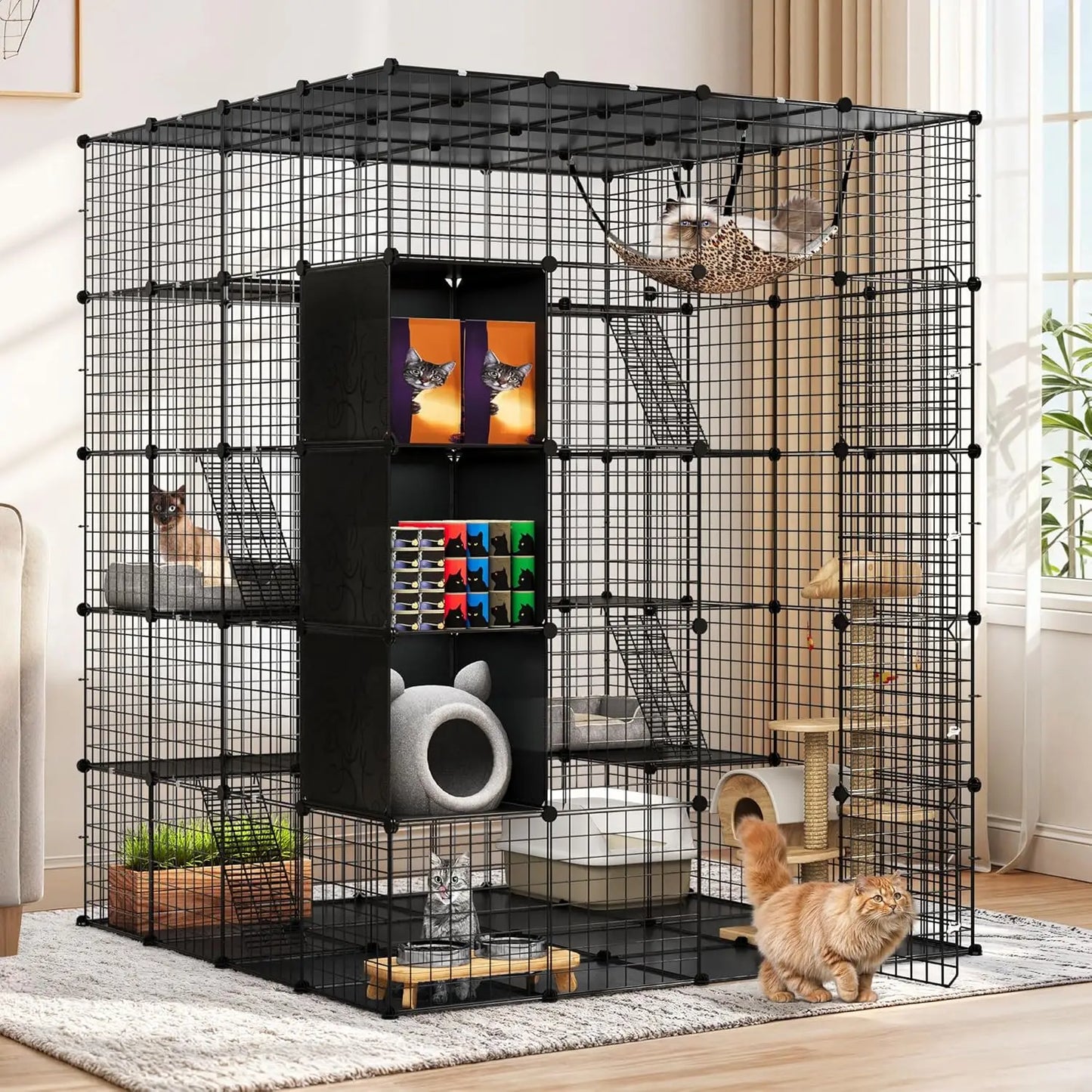 Large Indoor Cat Cage with Hammock and Storage, DIY Outdoor Enclosure for Multiple Cats, 5-Tier Metal Playpen