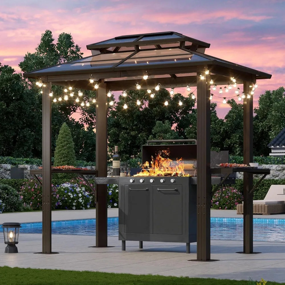 8'x5' Hardtop Grill Gazebo with Double Polycarbonate Roof, Aluminum Frame & Shelves for Outdoor BBQ