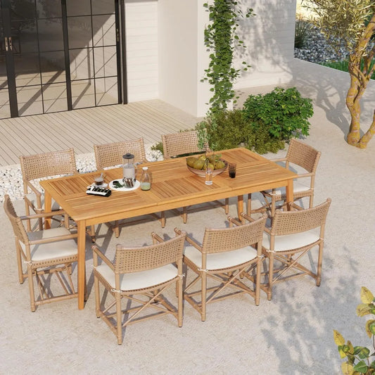Wooden Outdoor Dining Table for 8, 79 x 35 Rectangular Acacia Wood Slatted Patio Table w/Umbrella Hole, Outdoor Bistro Table